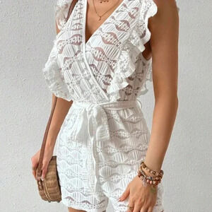 Women's Solid Color Lace Patchwork V-Neck Sleeveless Jumpsuit